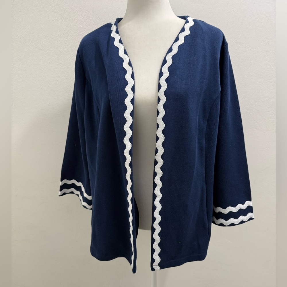 Bob Mackie Wearable Art Blue Jacket with White Trim QVC 1755-Q 1X EUC